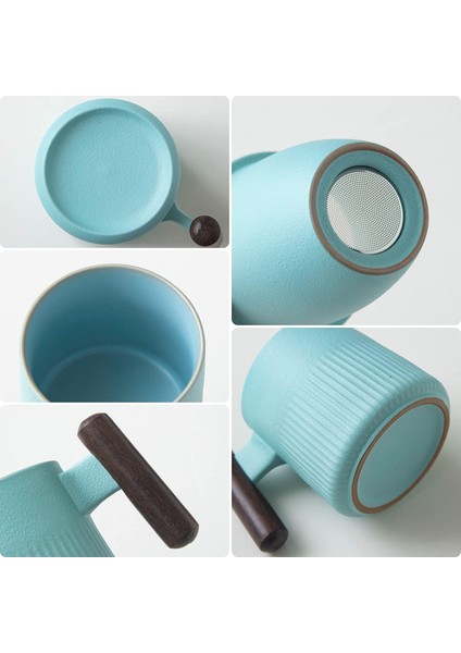 Taoci Çay Kupa Seramik Çay Bardağı Demlik ve Kapaklı Ahşap Saplı 12.5 Ons Porselen Bardak Demleme Gevşek Yaprak Çay, Açık Mavi (Yurt Dışından) modelleri