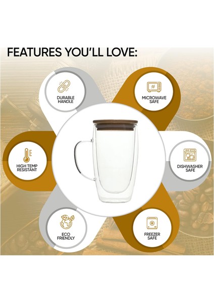Çift Duvarlı Cam Kahve Kupaları Saplı ve Bambu Kapaklı Benzersiz Yalıtımlı Kahve Kupaları, Kahve Çay Latte Cappuccino Espresso 15OZ Için Şeffaf Cam Bardaklar (2'li Set) (Yurt Dışından)