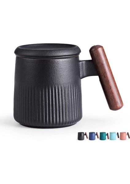 Taoci Çay Kupa Seramik Çay Bardağı Saplı Ahşap Demlik ve Kapaklı 12.5 Ons Porselen Bardak Demleme Gevşek Yaprak Çay (Siyah) (Yurt Dışından)