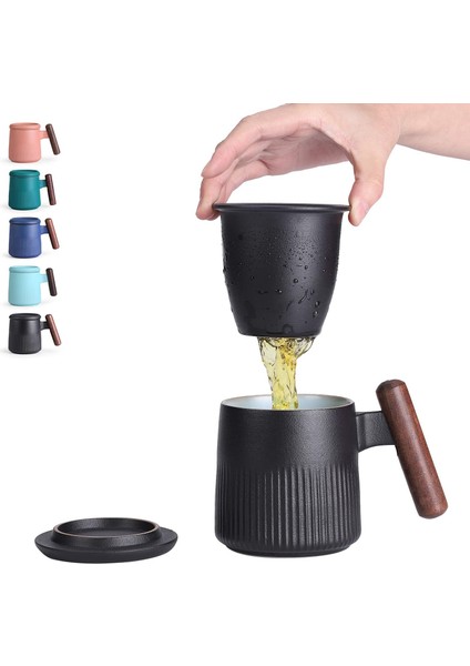 Taoci Çay Kupa Seramik Çay Bardağı Saplı Ahşap Demlik ve Kapaklı 12.5 Ons Porselen Bardak Demleme Gevşek Yaprak Çay (Siyah) (Yurt Dışından) fiyatları
