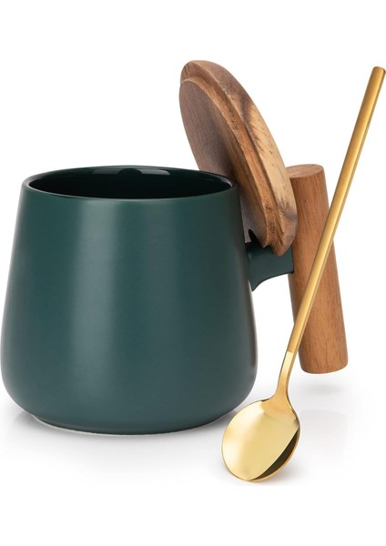 Seramik Kahve Kupa, Ofis ve Ev Için Çay Bardağı, 14 Oz Kapaklı ve Kahve Kaşığı Kahve Fincanları, Doğum Günü, Yılbaşı Hediyeleri, Ev Isınma Hediyeleri Yeni Ev, 1 Paket (Yeşil) (Yurt Dışından)