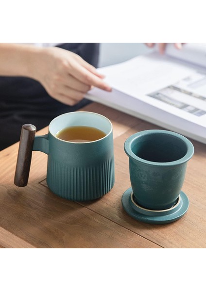 Taoci Çay Kupa Seramik Çay Bardağı Saplı Ahşap Demlik ve Kapaklı 12.5 Ons Porselen Bardak Demleme Gevşek Yaprak Çay (Yeşil） (Yurt Dışından) modelleri