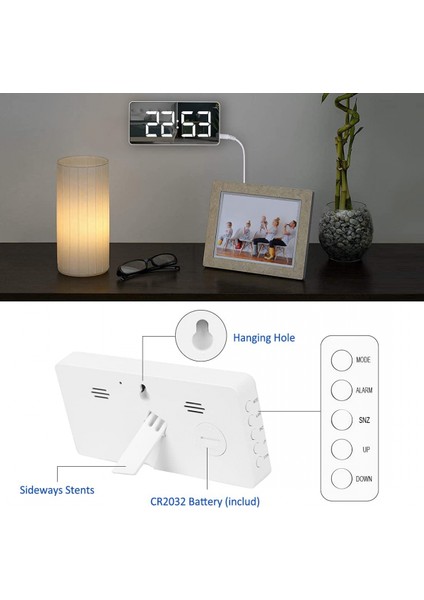 Dijital Çalar Saat Büyük Aynalı LED Saat Erteleme Fonksiyonu Yatak Odası Dekoru Için Saatin Yanında Karartma Modu - Beyaz (Yurt Dışından) modelleri