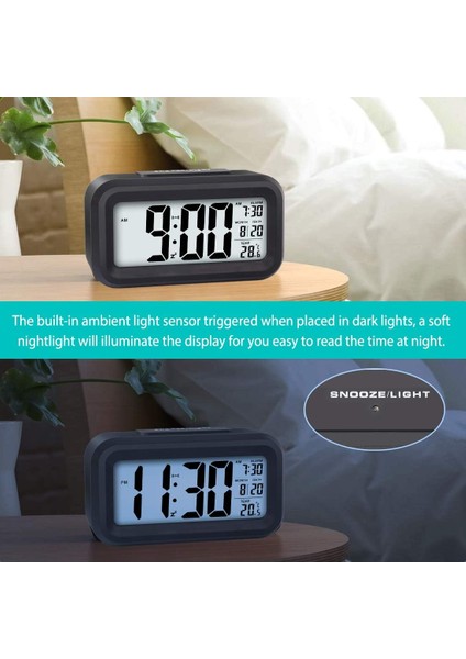 LED Ekran Dijital Çalar Saat Pille Çalışan Akıllı Gece Lambası Çocuklar Için Kolay Kullanım Saati Ağır Uyuyanlar Yatak Odası Saati (Siyah) (Yurt Dışından)