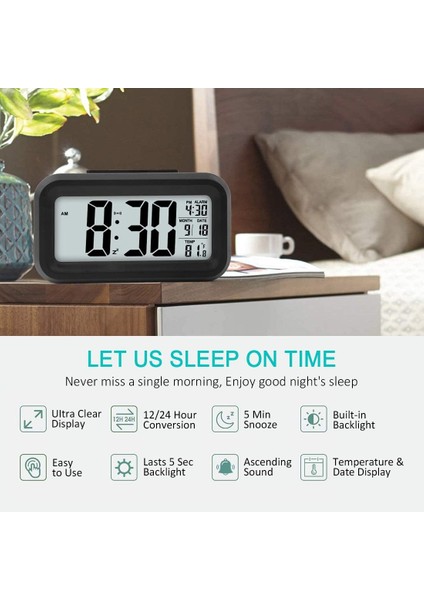 LED Ekran Dijital Çalar Saat Pille Çalışan Akıllı Gece Lambası Çocuklar Için Kolay Kullanım Saati Ağır Uyuyanlar Yatak Odası Saati (Siyah) (Yurt Dışından)