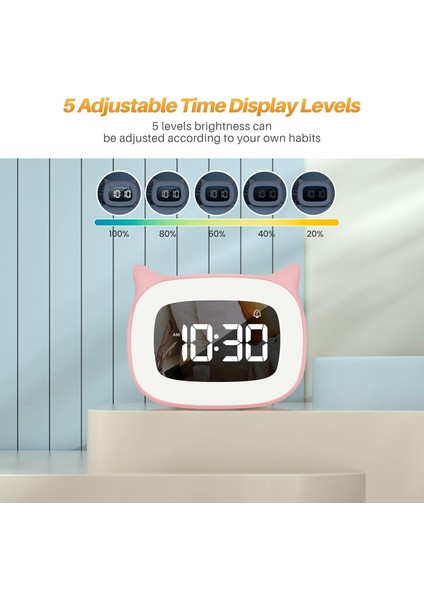 Gece Işığı Kademesiz Karartma ile Çocuk Çalar Saat, Erkekler ve Kızlar Için Sevimli Kedi Kulak Dijital Saat, 5 Dakika Alarm, Çocukları Uyandırmak Için Tamam (Pembe) (Yurt Dışından)