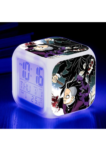 Wekity Anime Ghost Slayer Renkli Çalar Saat LED Kare Saat Zaman, Sıcaklık, Alarm, Tarih ile Dijital Çalar Saat (Yurt Dışından)