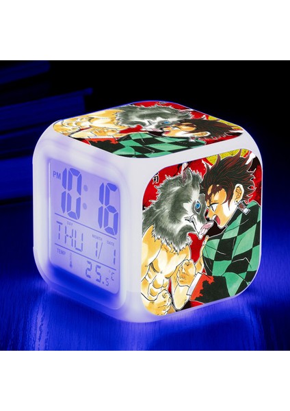 Wekity Anime Ghost Slayer Renkli Çalar Saat LED Kare Saat Zaman, Sıcaklık, Alarm, Tarih ile Dijital Çalar Saat (Yurt Dışından)