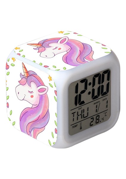 Wekity Unicorn Renkli Çalar Saat LED Kare Saat Zaman, Sıcaklık, Alarm, Tarih ile Dijital Çalar Saat (Yurt Dışından)