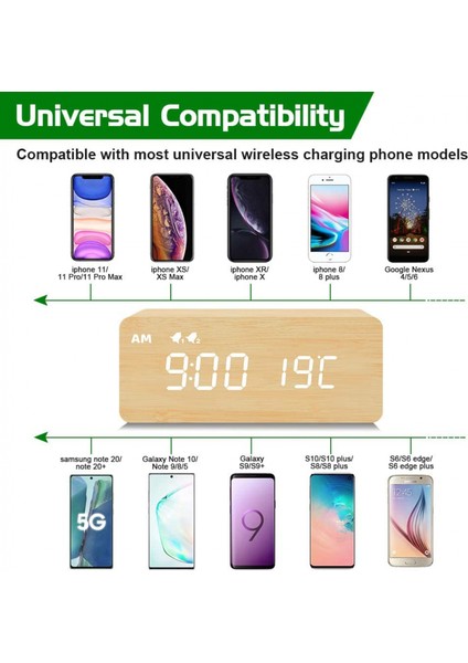 Kablosuz Şarjlı Dijital Ahşap Çalar Saat, %0-100 Dimmer, Çift Alarm, Hafta Içi/hafta Sonu Modu, Erteleme, Yatak Odası, Başucu, Masa, Çocuklar Için Ahşap LED Saatler (Bambu) (Yurt Dışından) modelleri