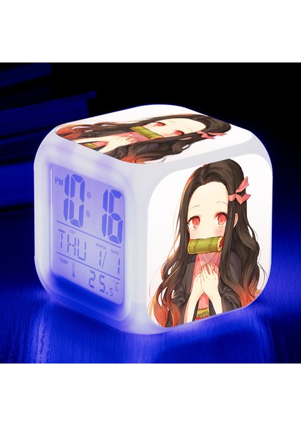 Wekity Anime Ghost Slayer Renkli Çalar Saat LED Kare Saat Zaman, Sıcaklık, Alarm, Tarih ile Dijital Çalar Saat (Yurt Dışından)