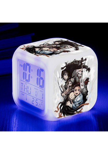 Wekity Anime Ghost Slayer Renkli Çalar Saat LED Kare Saat Zaman, Sıcaklık, Alarm, Tarih ile Dijital Çalar Saat (Yurt Dışından)