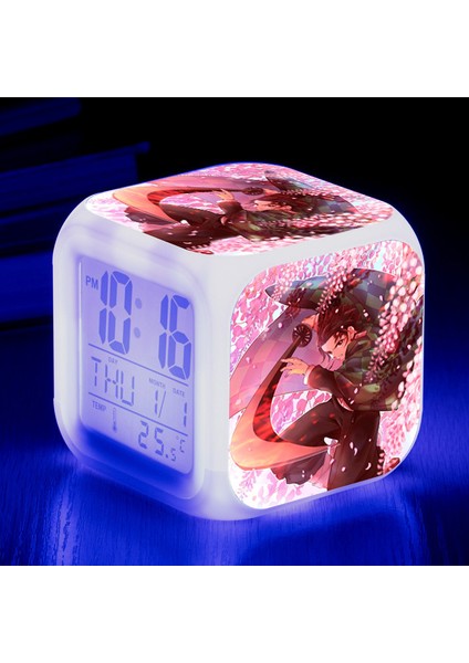 Wekity Anime Ghost Slayer Renkli Çalar Saat LED Kare Saat Zaman, Sıcaklık, Alarm, Tarih ile Dijital Çalar Saat (Yurt Dışından)