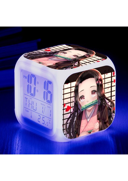 Wekity Anime Ghost Slayer Renkli Çalar Saat LED Kare Saat Zaman, Sıcaklık, Alarm, Tarih ile Dijital Çalar Saat (Yurt Dışından)