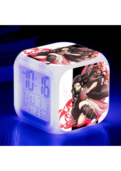 Wekity Anime Ghost Slayer Renkli Çalar Saat LED Kare Saat Zaman, Sıcaklık, Alarm, Tarih ile Dijital Çalar Saat (Yurt Dışından)