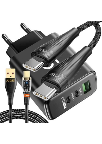 C2 Gan 65W Usb-A/usb-C/pd Hızlı Şarj Adaptör + C10 Type-C To Type-C 6A/240W/480MBPS + J15 Type-C 7A/120W/480MBPS Transparan Şarj ve Data Kablosu -2mt