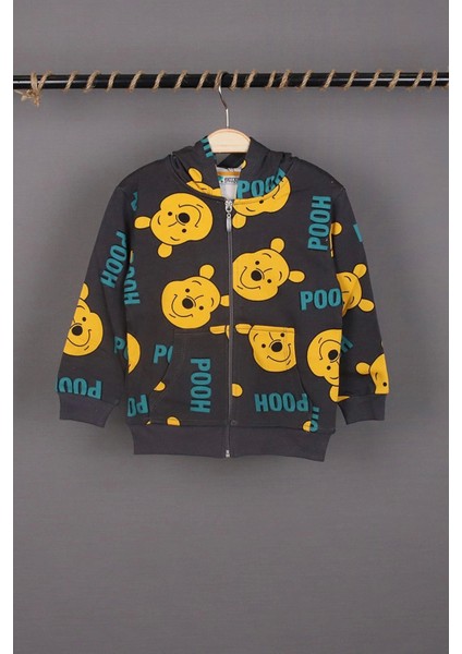 Unisex Çocuk Winnie ve Pooh Baskılı Füme Renk Mevsimlik Kapüşonlu Hırka