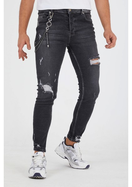 Erkek Slim Fit Likralı Yırtık Füme Kot Pantolon