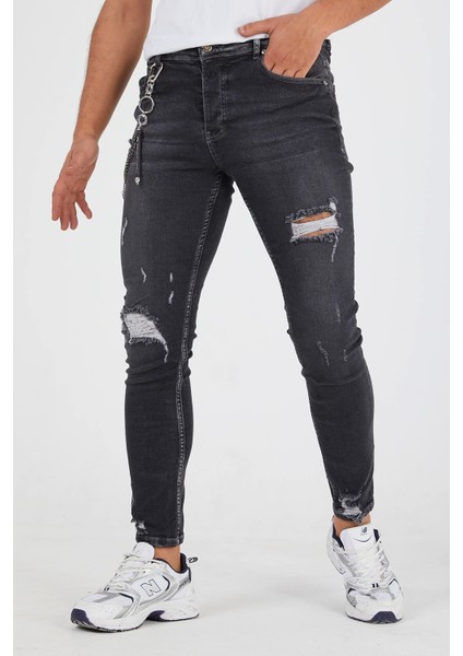 Erkek Slim Fit Likralı Yırtık Füme Kot Pantolon