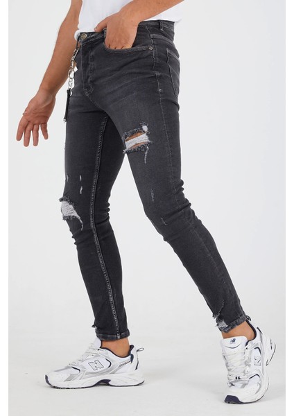 Erkek Slim Fit Likralı Yırtık Füme Kot Pantolon