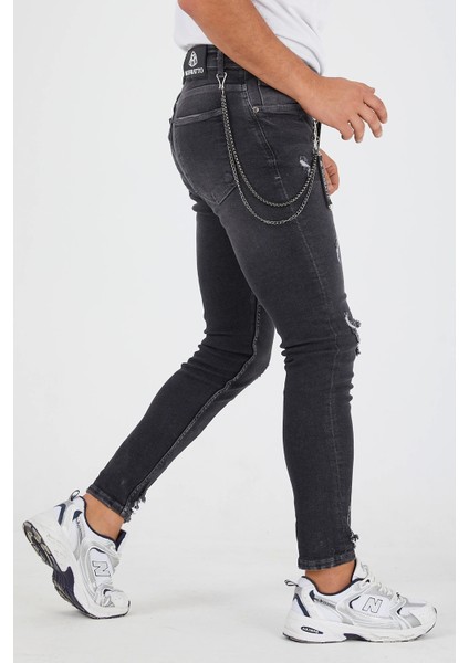 Erkek Slim Fit Likralı Yırtık Füme Kot Pantolon