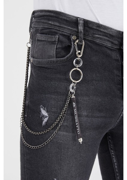 Erkek Slim Fit Likralı Yırtık Füme Kot Pantolon