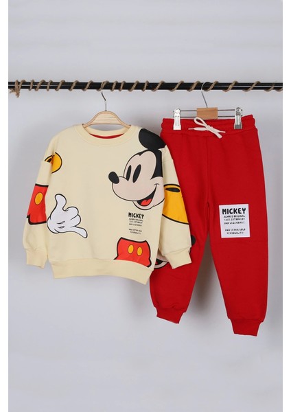 Unisex Çocuk Mickey Mouse Baskılı 3 Iplik Şardonsuz Kışlık Sweat ve Eşofman Alt Üst Takım