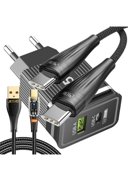 C3 Gan 65W Usb-A/usb-C/pd Hızlı Şarj Adaptör + C10 Type-C To Type-C 6A/240W/480MBPS + J15 Type-C 7A/120W/480MBPS Transparan Şarj ve Data Kablosu -2mt