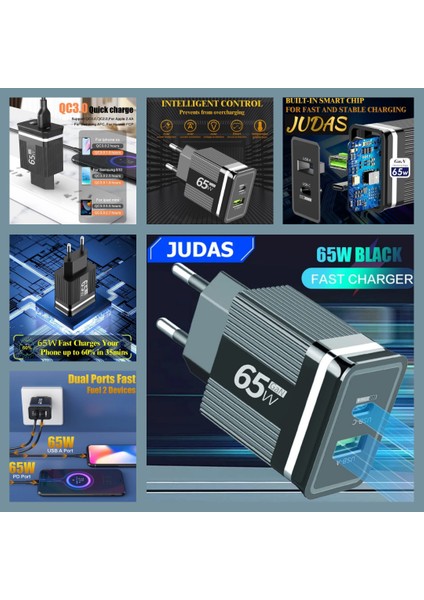C3 Gan 65W Usb-A/usb-C/pd Hızlı Şarj Adaptör + C10 Type-C To Type-C 6A/240W/480MBPS + J15 Type-C 7A/120W/480MBPS Transparan Şarj ve Data Kablosu -2mt