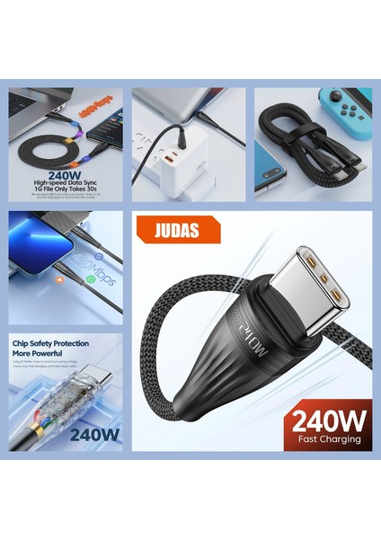 C3 Gan 65W Usb-A/usb-C/pd Hızlı Şarj Adaptör + C10 Type-C To Type-C 6A/240W/480MBPS + J15 Type-C 7A/120W/480MBPS Transparan Şarj ve Data Kablosu -2mt