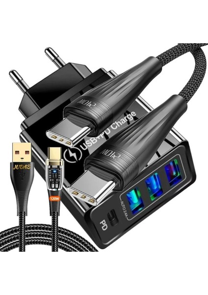 C4 Usb-A/usb-C/pd Hızlı Şarj Adaptör + C10 Type-C To Type-C 6A/240W/480MBPS + J15 Type-C 7A/120W/480MBPS Transparan Şarj ve Data Kablosu -2mt