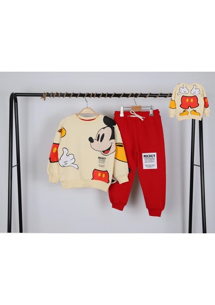 Unisex Çocuk Mickey Mouse Baskılı 3 Iplik Şardonsuz Kışlık Sweat ve Eşofman Alt Üst Takım