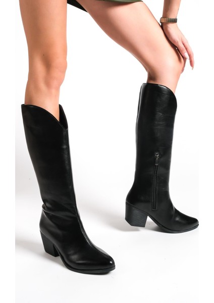 Uzun Sivri Burunlu Kovboy Bot Suni Deri Orta Topuklu Şık Tasarım