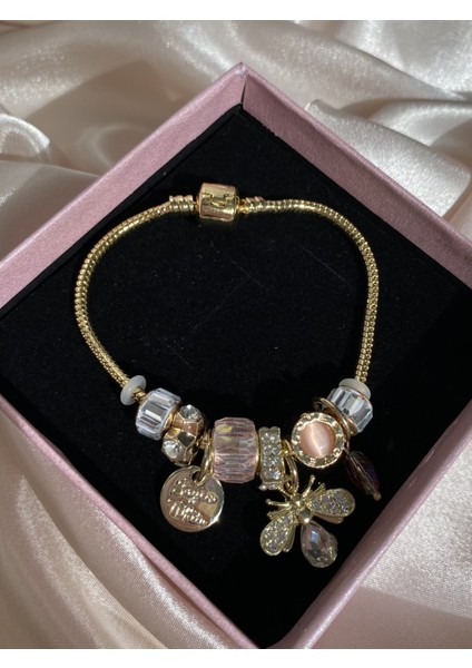 Charmlı Klipsli Marka Model Pembe - Gold Bileklik