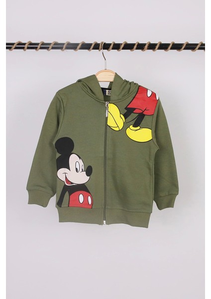Unisex Çocuk Mickey Mouse Baskılı Haki Renk Mevsimlik Kapüşonlu Hırka