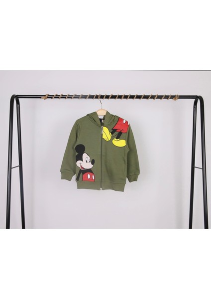 Unisex Çocuk Mickey Mouse Baskılı Haki Renk Mevsimlik Kapüşonlu Hırka