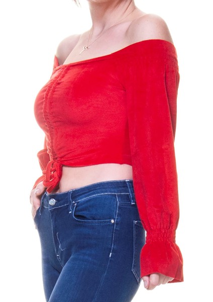 Kadife Kumaş Kırmızı Büzgülü Crop Bluz 12D-6041 modelleri