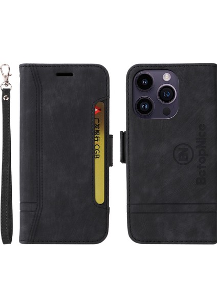 Apple iPhone 15 Pro Max Bilek Kayışlı Flip Cüzdan Telefon Kılıfı Pu Deri Kart Yuvası Kılıfı (Yurt Dışından)