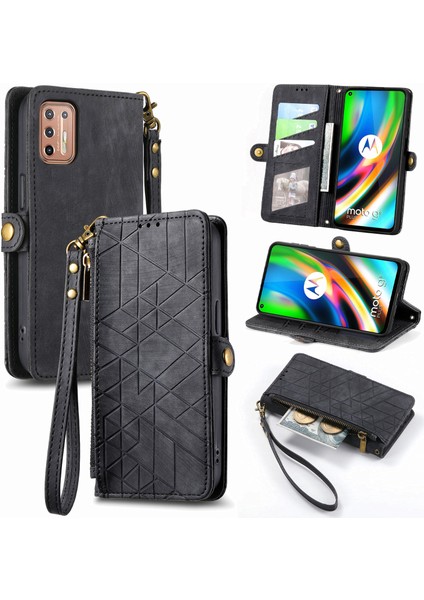 Motorola Moto G9 Plus Cüzdan Kılıf Kelebek Kabartmalı Pu Deri Kickstand Kart Yuvaları Flip Folyo Kapak (Yurt Dışından)