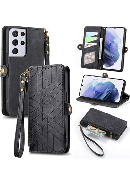 Samsung Galaxy S21 Ultra Cüzdan Kılıf Kelebek Kabartmalı Pu Deri Kickstand Kart Yuvaları Flip Folyo Kapak (Yurt Dışından)
