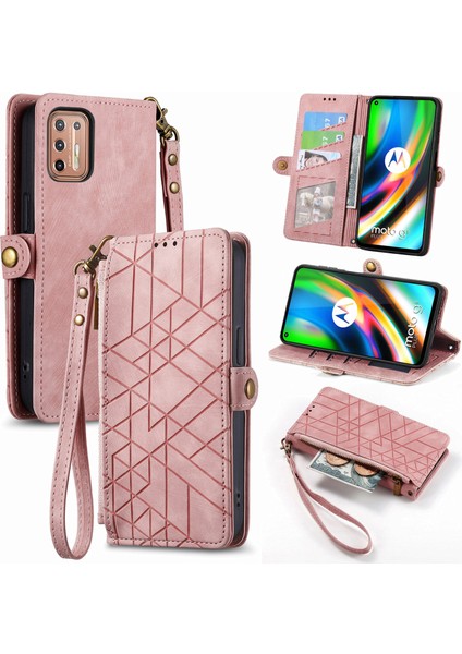 Motorola Moto G9 Plus Cüzdan Kılıf Kelebek Kabartmalı Pu Deri Kickstand Kart Yuvaları Flip Folyo Kapak (Yurt Dışından)