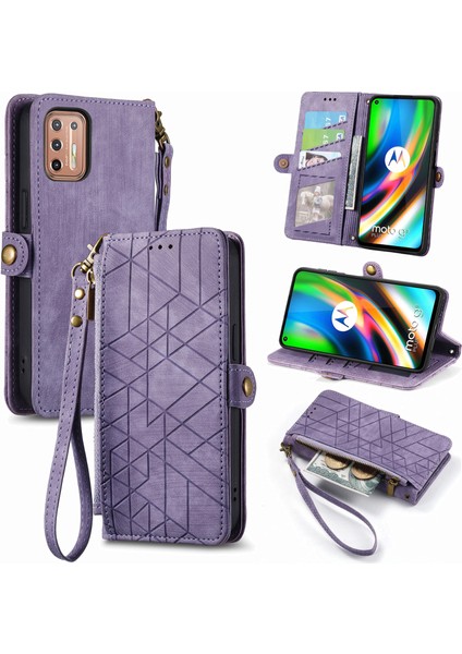 Motorola Moto G9 Plus Cüzdan Kılıf Kelebek Kabartmalı Pu Deri Kickstand Kart Yuvaları Flip Folyo Kapak (Yurt Dışından)