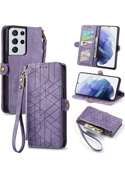 Samsung Galaxy S21 Ultra Cüzdan Kılıf Kelebek Kabartmalı Pu Deri Kickstand Kart Yuvaları Flip Folyo Kapak (Yurt Dışından)