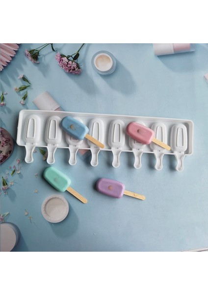 Beyaz 8 Delik Gıda Sınıfı Silikon Dondurma Kalıp Buz Pop Elips Popsicle Kalıp Tatlı Dıy Magnum Kek Kalıbı Dondurma Yapma Makinesi (Yurt Dışından)
