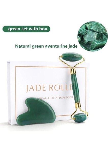 Yeşil Kutu ile Set Doğal Gül Kuvars Yeşim Rulo Gua Sha Seti Yüz Vücut Masajı Rulo Yeşim Taş Masaj Seti Yüz Kaldırma Güzellik Masaj Aletleri (Yurt Dışından)