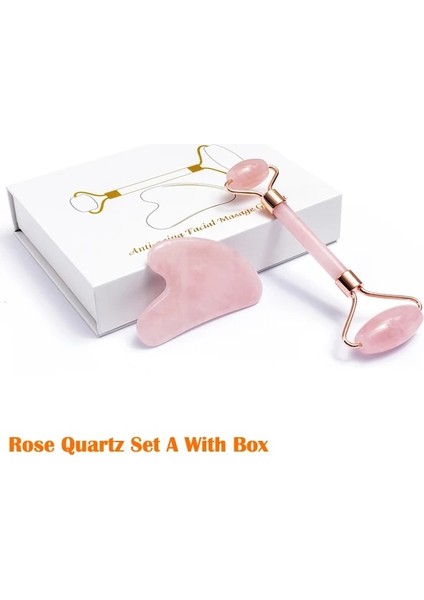 Pembe A Kutusu ile Doğal Gül Kuvars Yeşim Rulo Gua Sha Seti Yüz Masajı Rulo Yeşim Taş Guasha Kazıyıcı Yüz Kaldırma Güzellik Masaj Aracı (Yurt Dışından)