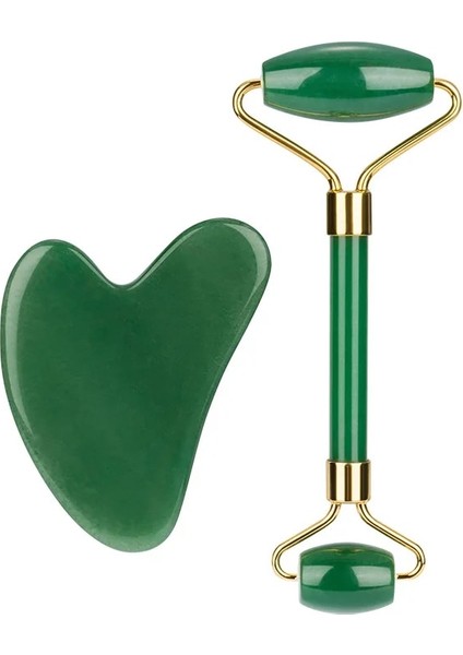 Koyu Yeşil Doğal Gül Kuvars Yeşim Rulo ve Gua Sha Seti Taş Guasha Yüz Göz Masajı (Yurt Dışından) modelleri