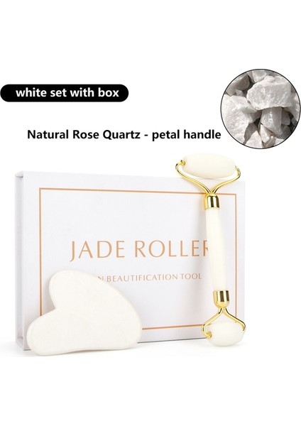 Beyaz Kutu ile Set Doğal Gül Kuvars Yeşim Rulo Gua Sha Seti Yüz Vücut Masajı Rulo Yeşim Taş Masaj Seti Yüz Kaldırma Güzellik Masaj Aletleri (Yurt Dışından)