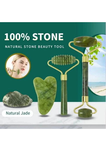 Set 3 Ougeda Doğal Yeşim Rulo Yüz Vücut Masajı Gua Sha Seti Yeşim Taş Masaj Seti Yüz Kaldırma Güzellik Masaj Aletleri (Yurt Dışından)
