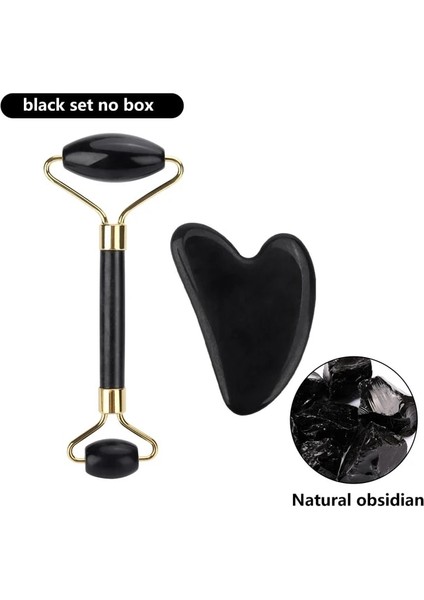 Siyah Set Hiçbir Kutu Doğal Gül Kuvars Yeşim Rulo Gua Sha Seti Yüz Vücut Masajı Rulo Yeşim Taş Masaj Seti Yüz Kaldırma Güzellik Masaj Aletleri (Yurt Dışından)